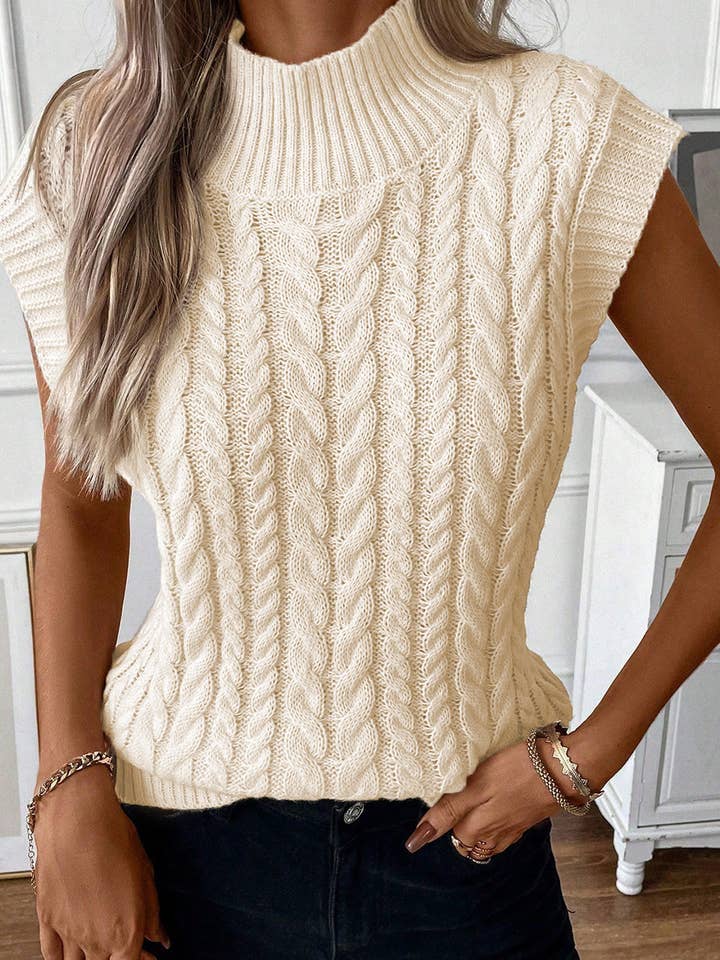 Oatmeal Sylvia Cable Knit High Neck Sweater Vest for wholesale on Faire2