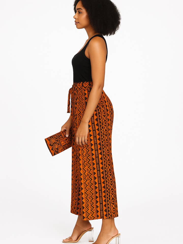 Ankara Wide Leg Pants & Matching Clutch Set- Orange & Black for wholesale by Kkunda LLC