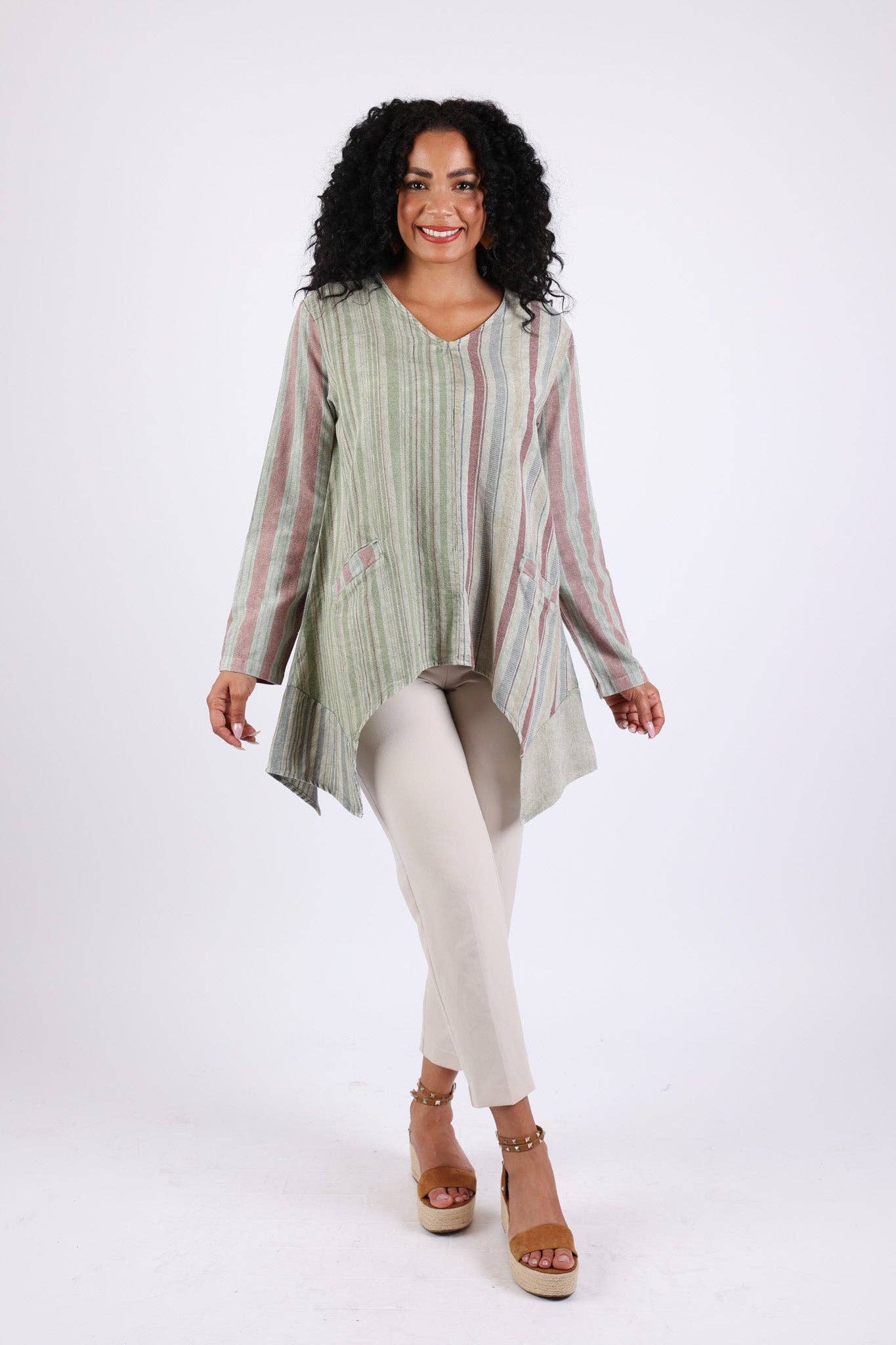 Sacred Threads - Venta al por mayor Túnica - Mujer - Túnica Patchwork: Verde Salvia con Rayas4