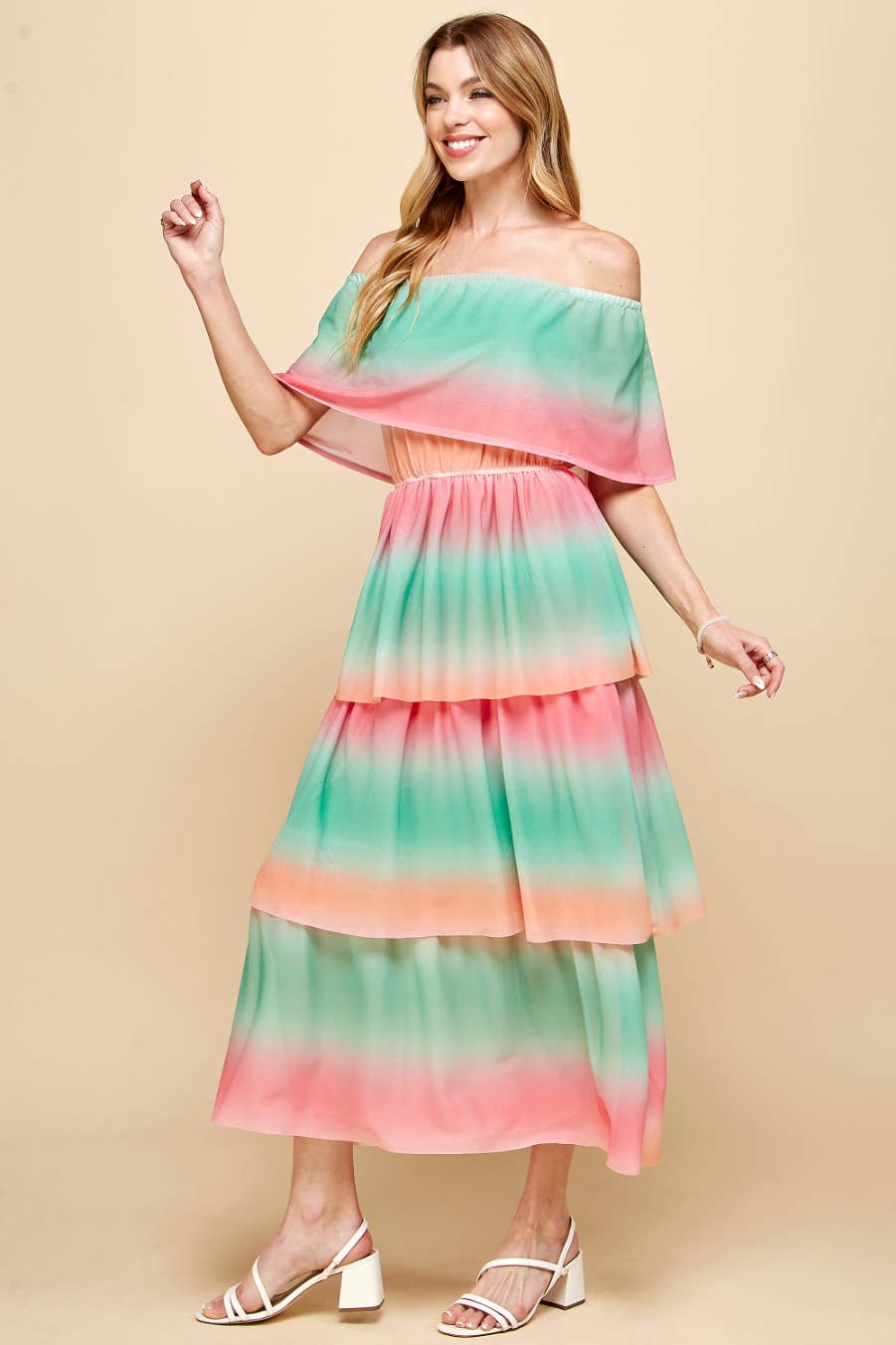 Vert/Flamant rose ISD1211B Robe arc-en-ciel à épaules dénudées vert rose en vente sur Faire9