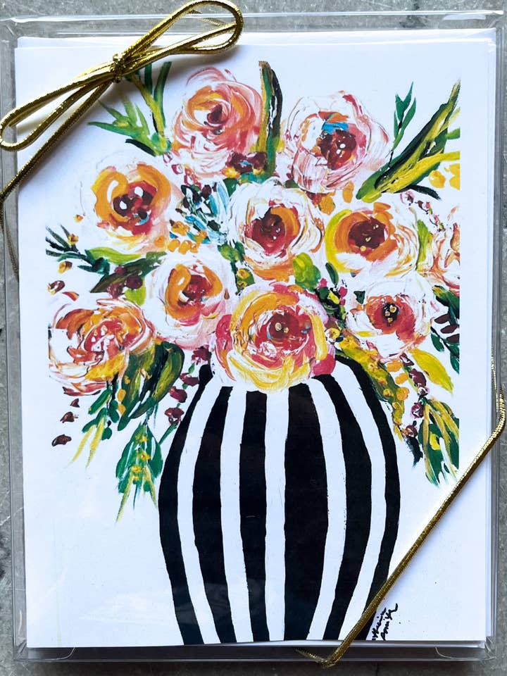 Peonies in black white vase boxed note cards set for wholesale by Southern Bird Studio