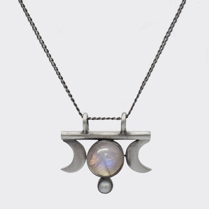 Crescent Moons with Rainbow Moonstone Cabochon Necklace - PJ1445 for wholesale by Jane Diaz NY