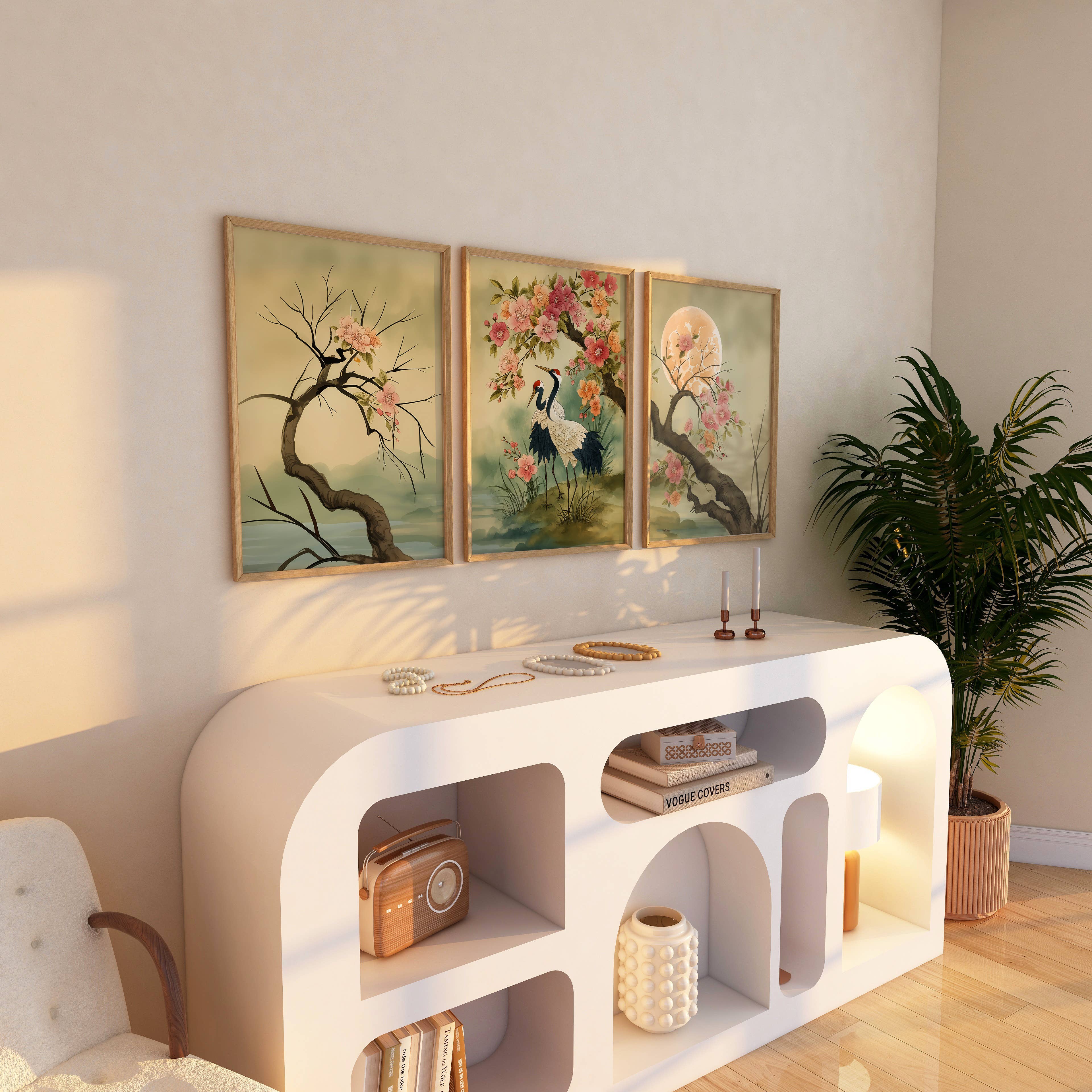 IuliiaArtPrints – wholesale Art print – Red-Crowned Cranes – Japanese Cherry Blossom Triptych Print7