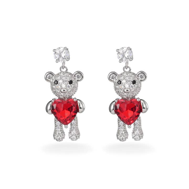 Crystal Teddy Heart Dangle Earrings for wholesale by Joli Lily