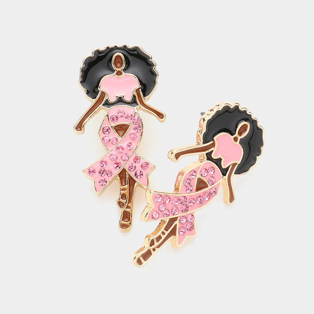 Sensibling Corp. - Wholesale Stud/Post Earrings - Stone Paved Pink Ribbon Enamel Afro Woman Earrings2