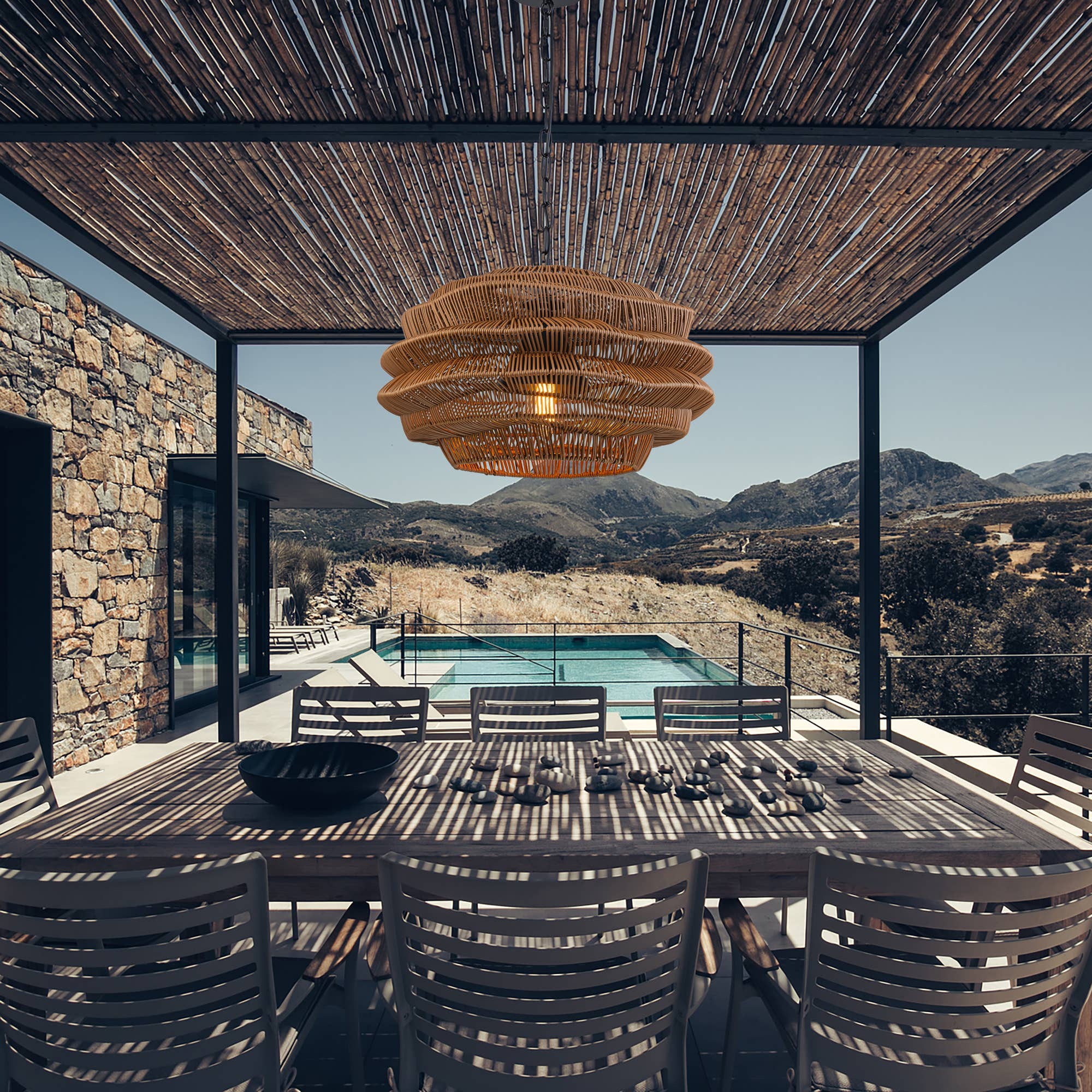 ELE Light & Decor - Vente Lustre/Suspension - Suspension en rotin côtier d'extérieur à 1 lumière avec abat-jour marron