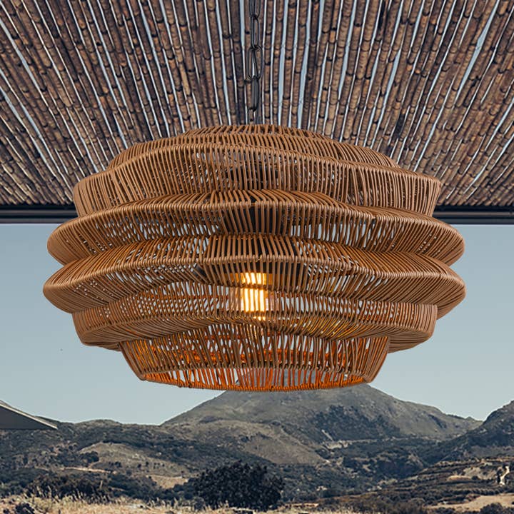 ELE Light & Decor - Vente Lustre/Suspension - Suspension en rotin côtier d'extérieur à 1 lumière avec abat-jour marron0