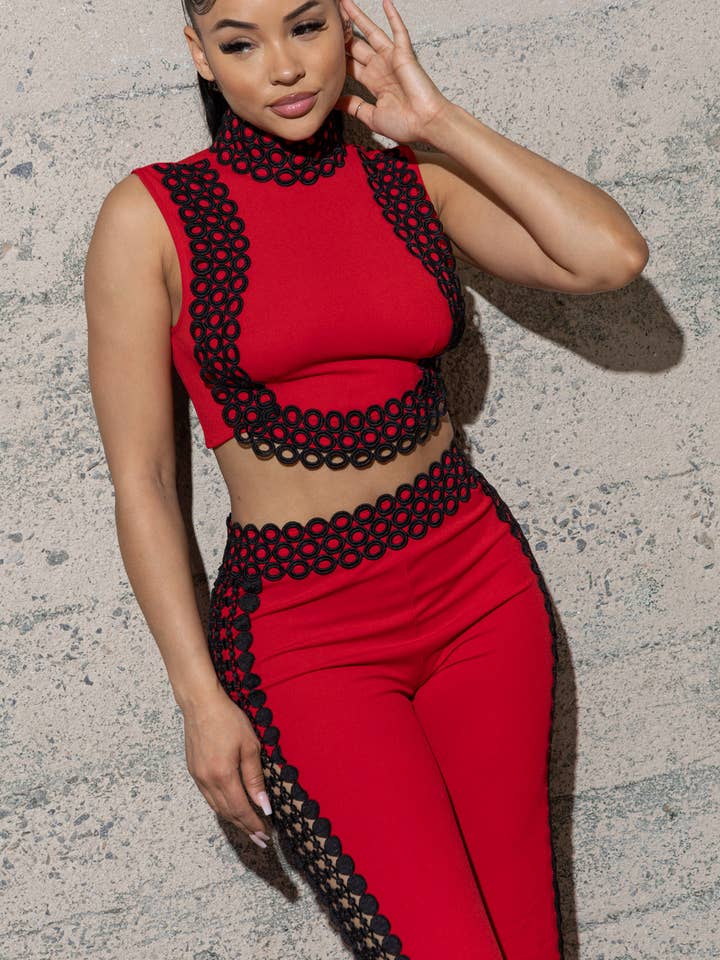 TWO PIECE KNIT CREPE SET WITH CONTRAST LACE DETAIL for wholesale by Melrose with Love