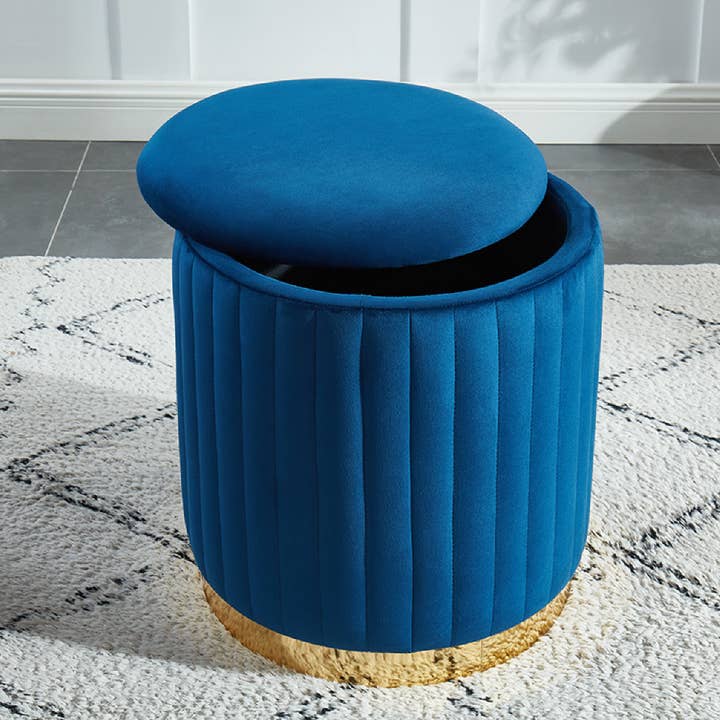 Blue Charlotte Velvet Round Ottoman With Gold Base Navy for wholesale on Faire
