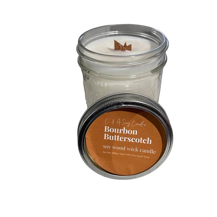 Bourbon Butterscotch Vegan, Soy & Wood-Wick Candle - 6 Oz for wholesale by C & A Soy Candles, LLC