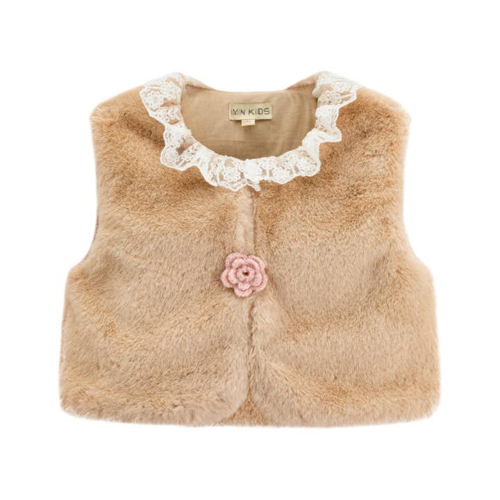 Faux Fur Vest with Lace Collar Almond for wholesale by iMiN Kids