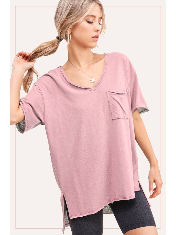 La Miel - Wholesale T-shirt – women's - JAT7459-V-neck Front Pocket Breathable Short Sleeve Top13