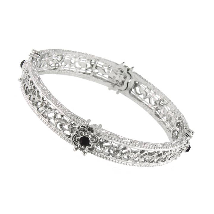 1928 Jewelry Black Crystal Flower Stretch Bracelet for wholesale by 1928 Jewelry