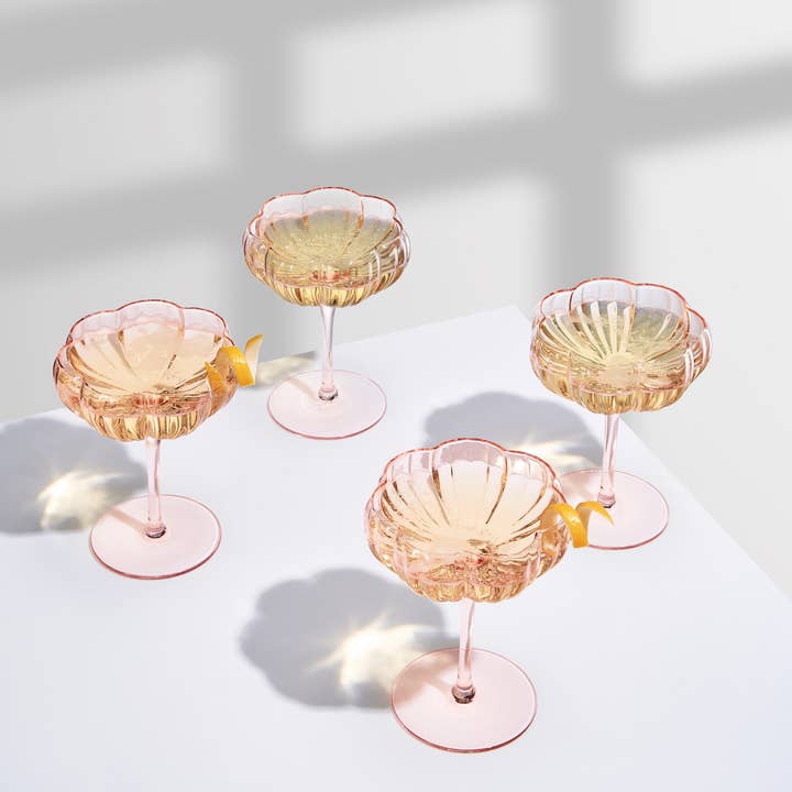 The Wine Savant / Khen Glassware - Wholesale Cocktail/Liquor Glass - Pink Flower Coupe Cocktail Colored Glasses | 4 Set, 7.7 OZ