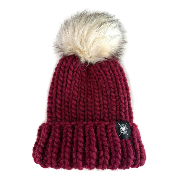 Merino Folded Brim Faux Fur Pom-Pom Beanie in Ruby for wholesale by Nickichicki