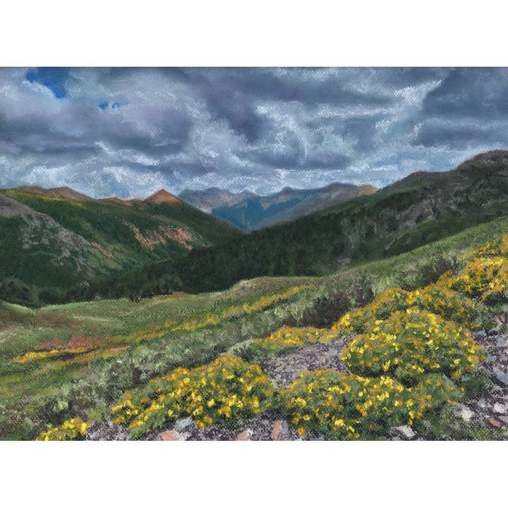Yellow Wildflowers Mountains Silverton Art Print for wholesale by Duck Girl Art