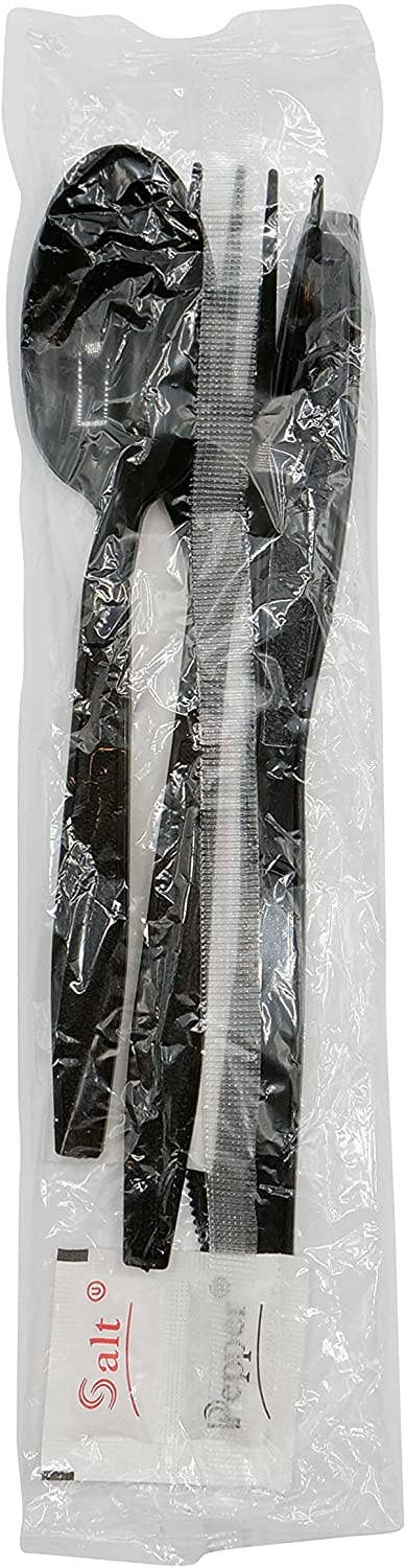 EcoQuality - Wholesale Assorted Cutlery Set - Disposable Wrapped Black Heavy Duty Cutlery Kit 5 in 1 - For1