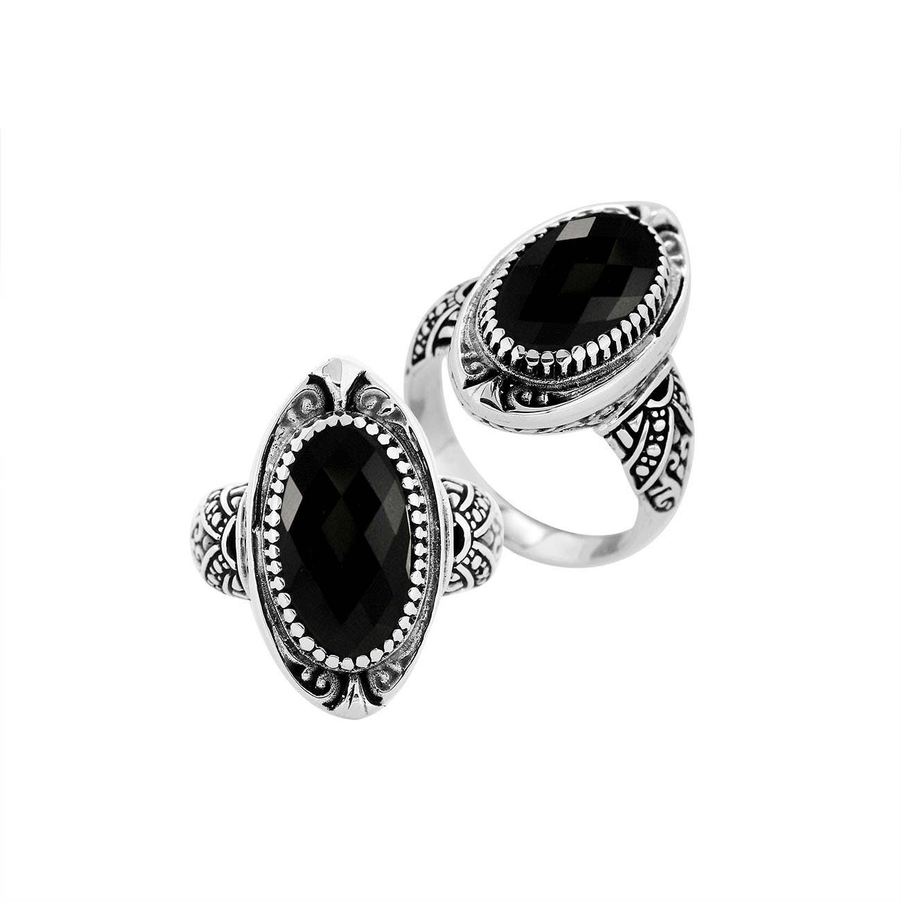 Bali Designs - Wholesale Cocktail/Statement Ring - AR-6285-OX Sterling Silver Balinese Design Statement Ring With Oval Shape Black Onyx Stone