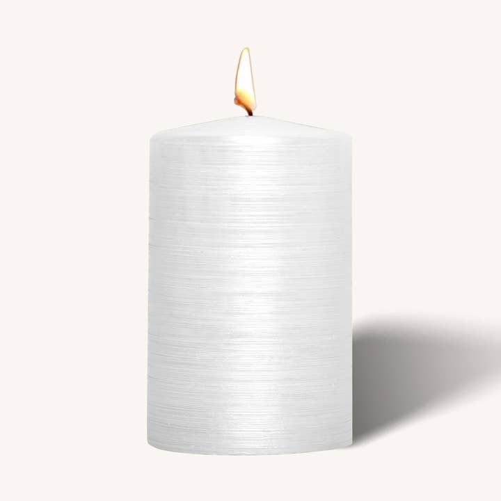 Brushed Metallic Pillar Candles - White - 2.5" x 4" - 6 Pack for wholesale by Hyoola Candles
