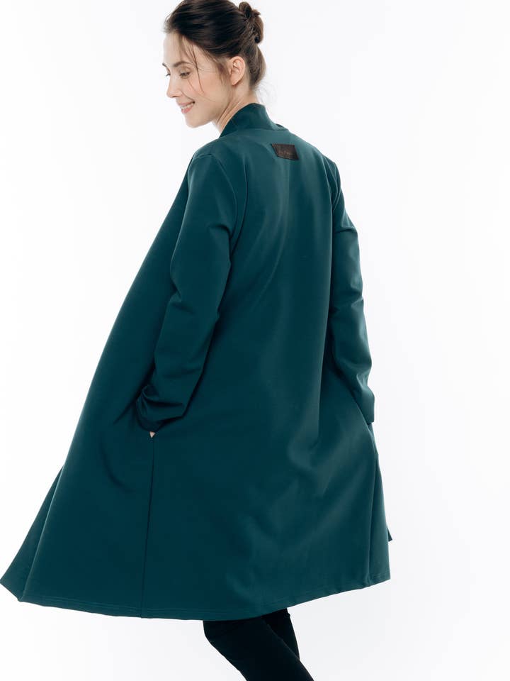 Maxi-blazerjack, zeegroene damesblazer, lang gebreid voor wholesale door LeMuse