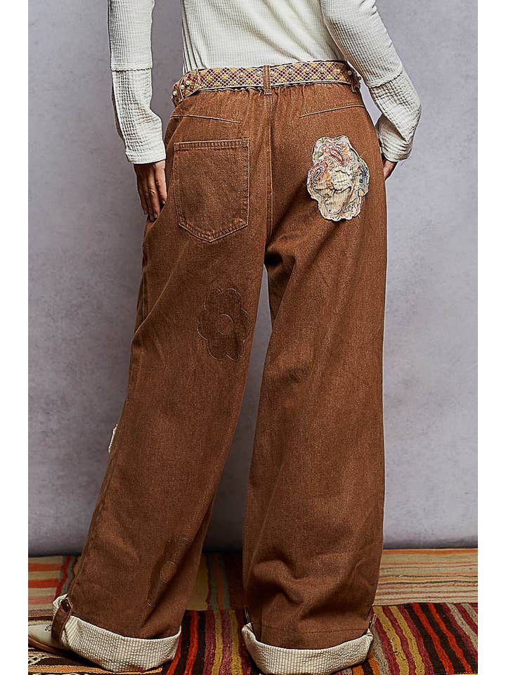 Pol Clothing - Wholesale Pants - Women's - Floral Patchwork Rolled-up Denim Straight Pants22