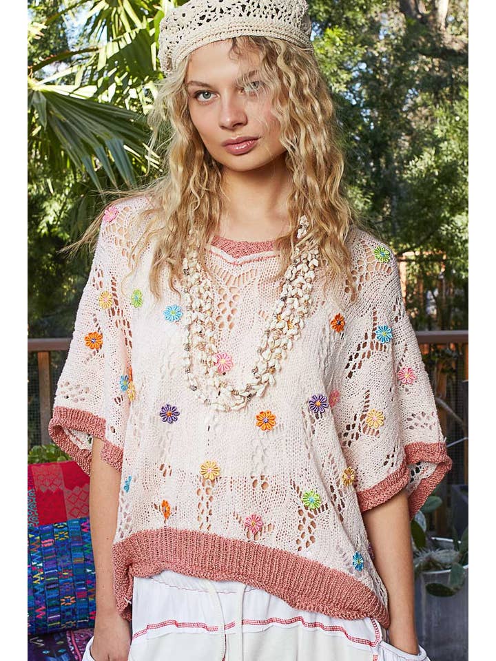 Pol Clothing - Wholesale Knit Top - Women's - V-neck sleeveless flower outseam thin sweater top