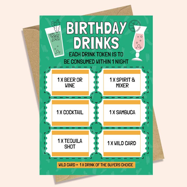 DRINK VOUCHERS - FUNNY BIRTHDAY CARD for wholesale by AbiGoLucky