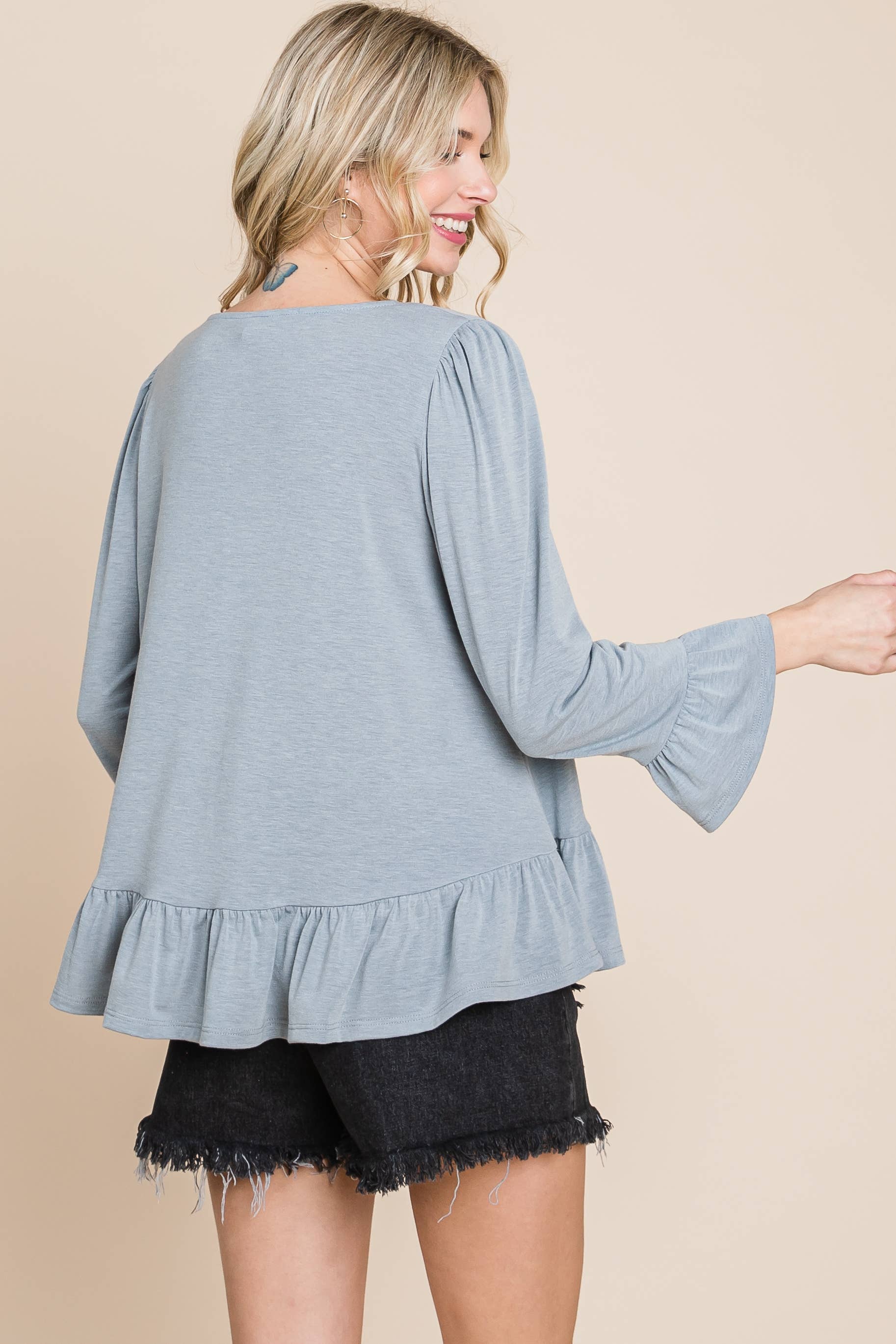 Emerald Collection - Wholesale Blouse - Women's - ETK-8690-PL Plus Size Babydoll Ruffle Hem Solid Top4