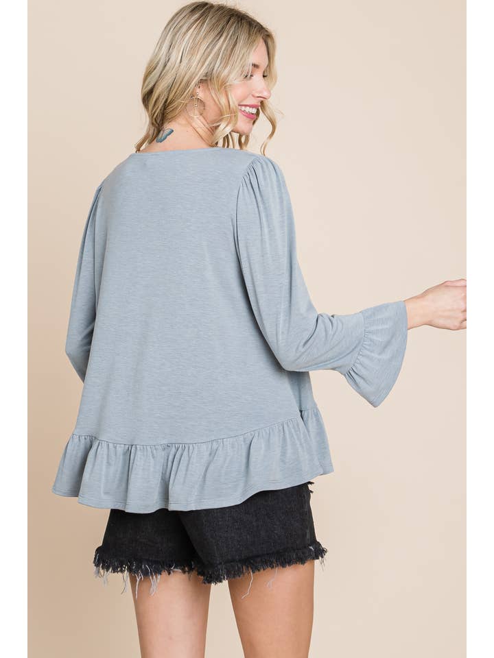 Emerald Collection - Wholesale Blouse - Women's - ETK-8690-PL Plus Size Babydoll Ruffle Hem Solid Top4