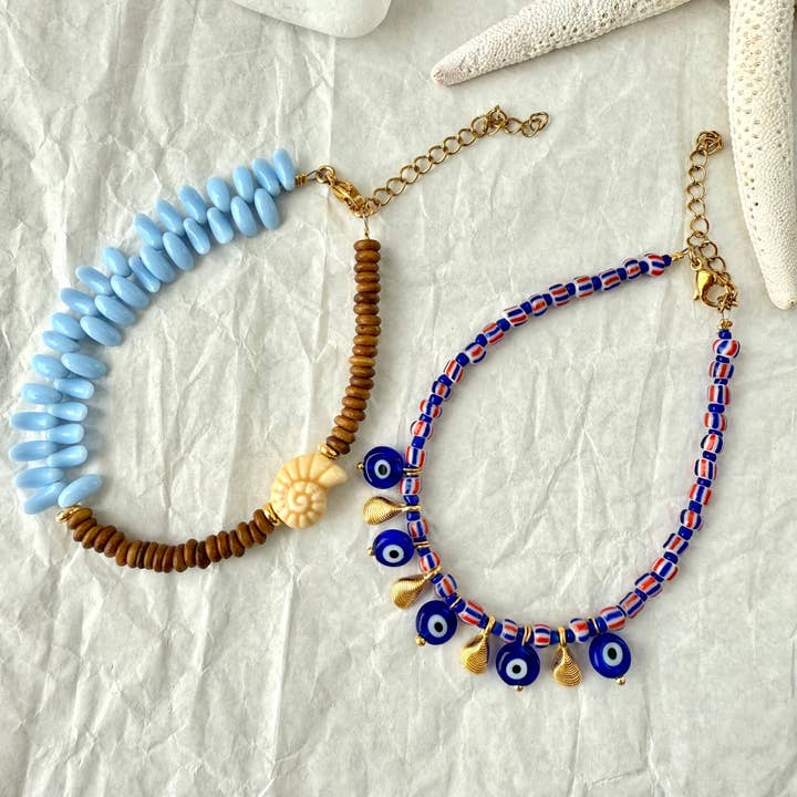 Goupi - Wholesale Anklet - Wooden Beads, Sky Blue Glass Charms & Ceramic Shell Accent2