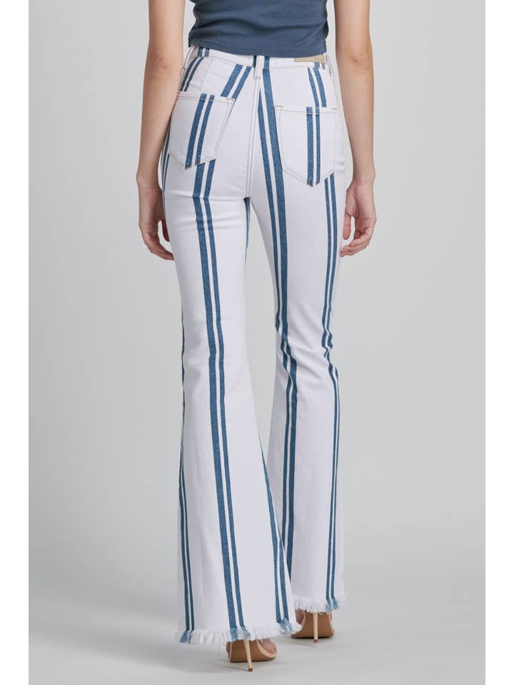 Cello Jeans - Wholesale Jeans - Women's - WV38257STR White Striped High Rise Fray Hem Super Flare Jean