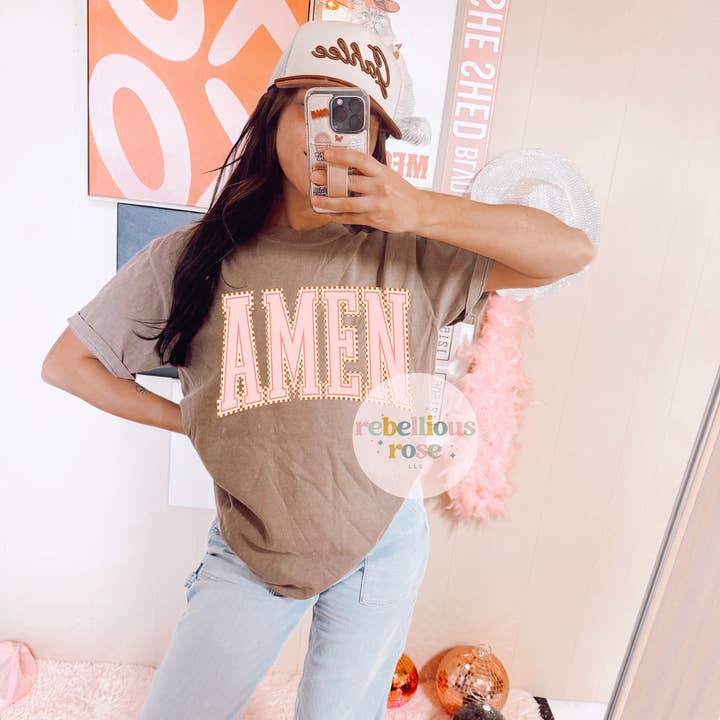 Rebellious Rose LLC - Wholesale Screen Printed T-Shirt - Women's - Pink/Orange Checkered Amen Graphic T-shirt0