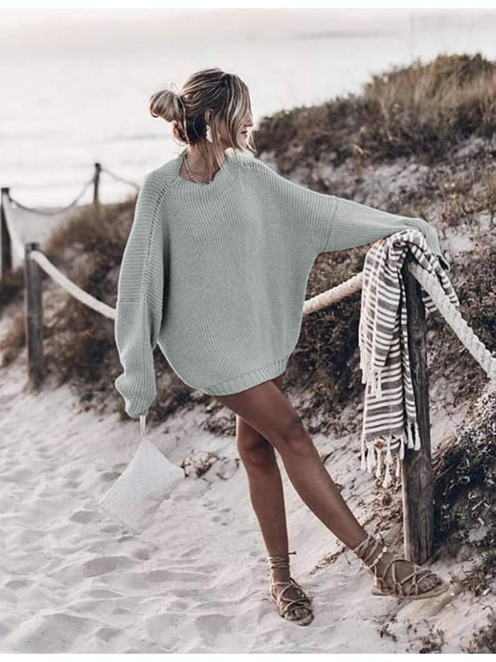 Chicto - Wholesale Tunic Sweater - Women's - Oversized Batwing Sleeve Mock Neck Chunky Knit Sweater