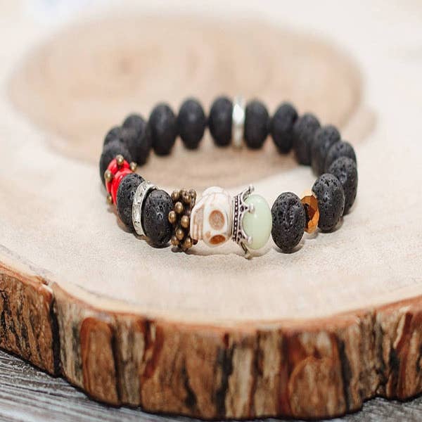 CRETE TRADING INC - Wholesale Beaded Bracelet - Black Lava Rock Crystal Bead Bracelet Skull 10mm1