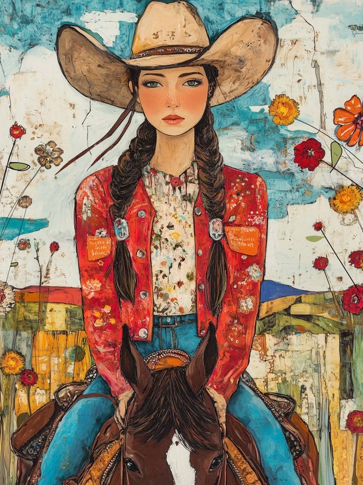 Arte Popular de Vaquera de Cabello Fino - Impresiones de Arte Popular de Vaquera y Vaquero 8"x10" Obra para Marco de 11"x14" para venta al por mayor de Mowbi