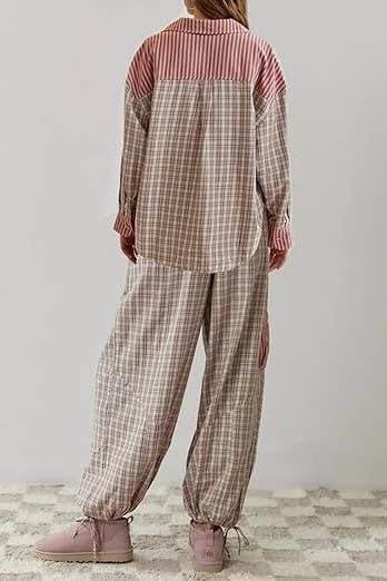 Rosa Clothing - Wholesale Sleepwear Set - Women's - Pink plaid patchwork loose pajama set4