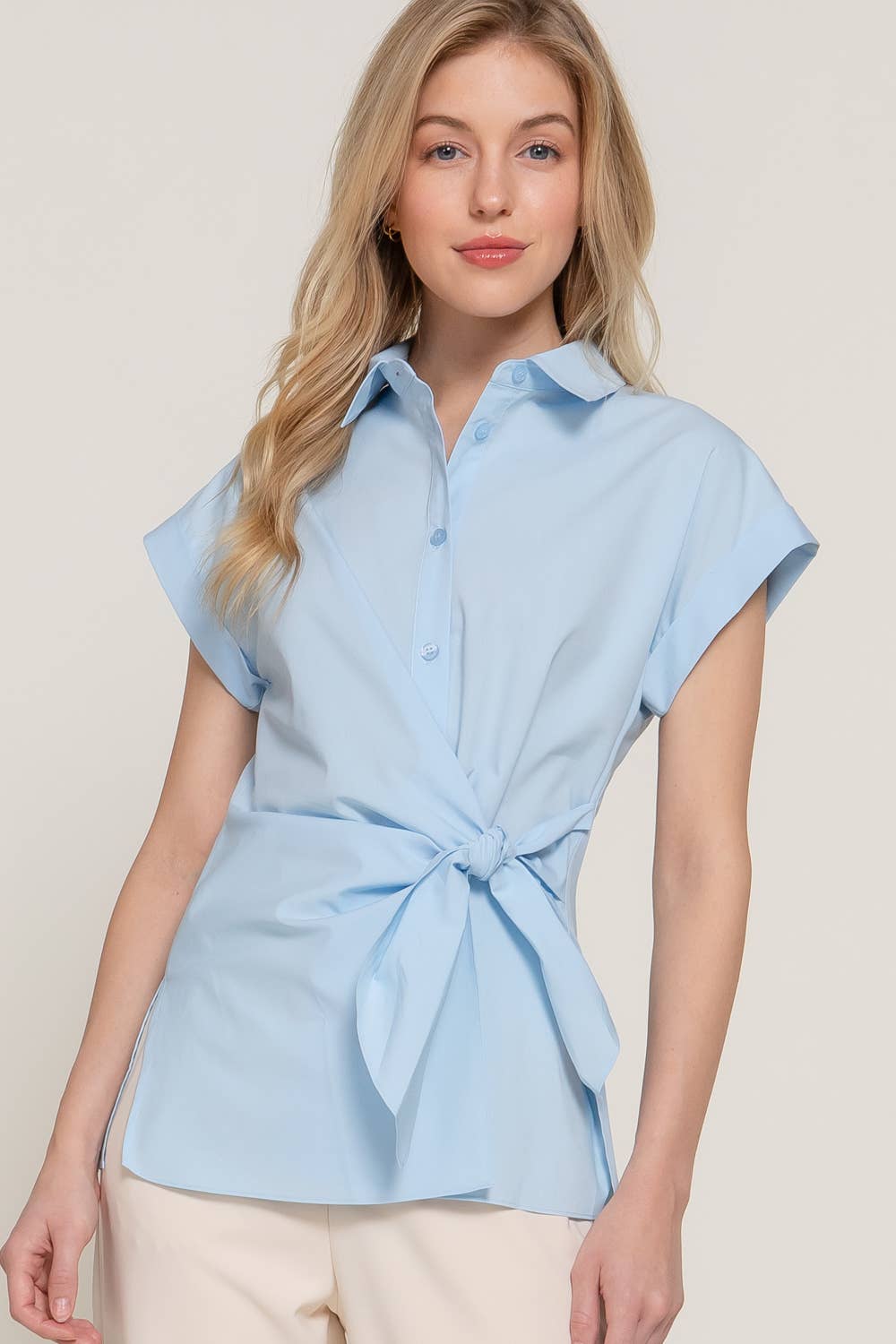 Active Basic | Active USA - Wholesale Button Down Shirt - Women's - Short Dolman Sleeve Button Down Side Knot Poplin Shirt10