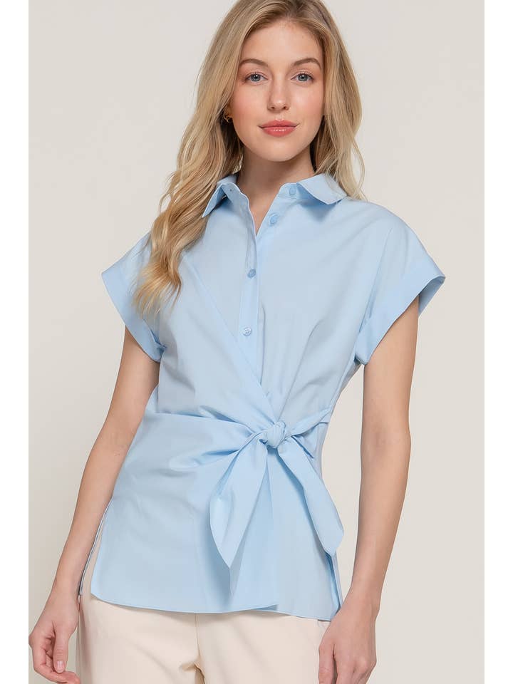 Active Basic | Active USA - Wholesale Button Down Shirt - Women's - Short Dolman Sleeve Button Down Side Knot Poplin Shirt10