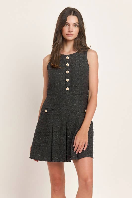 Black Sleeveless Tweed Pleated Mini Dress for wholesale on Faire0