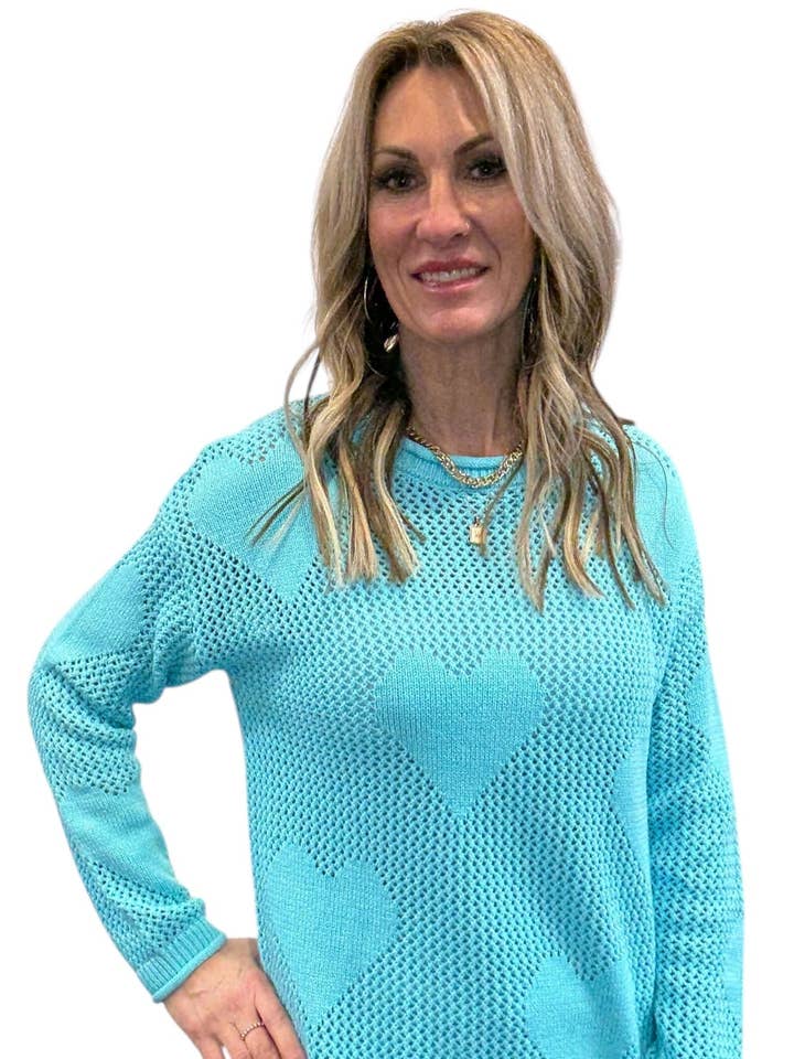 NS2159-A - Aqua - Crew V-hals Pointelle Hjerte Sweater A3771 for engroshandel hos K & C Clothing, Inc.
