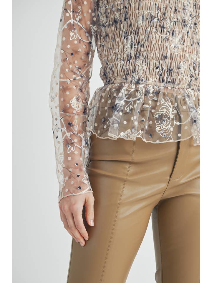 cream Sheer Smocked Embroidered Mesh Peplum Top for wholesale on Faire14