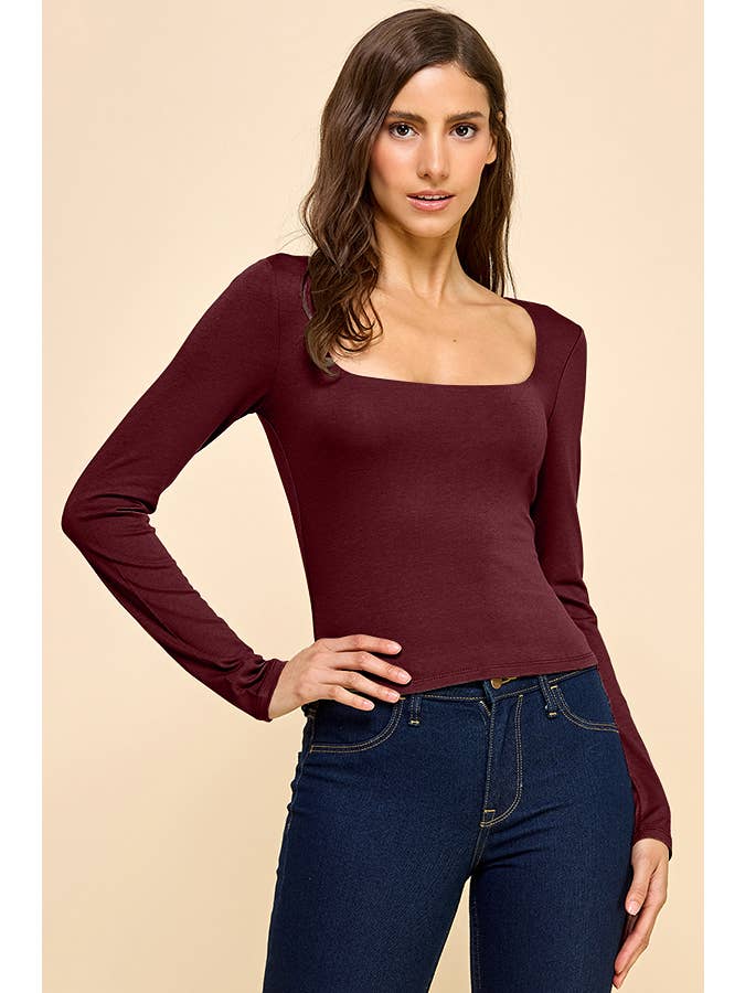 Heart & Hips - Wholesale Knit Top - Women's - Square Neck Doubled Long Sleeve Tee