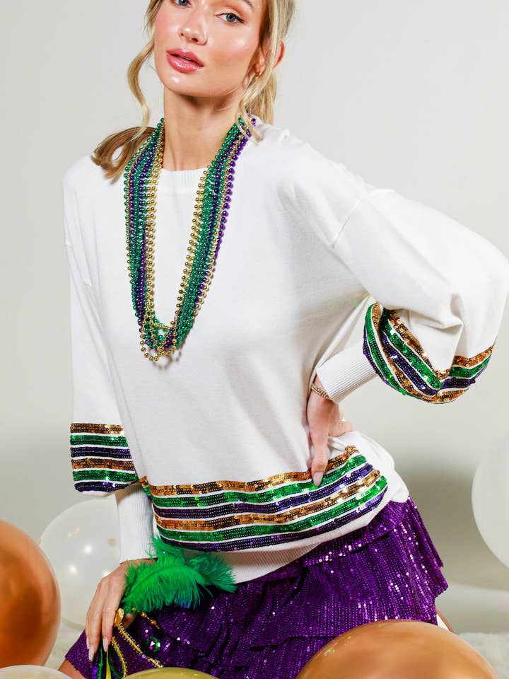 Top de Malha com Bordado de Lantejoulas Mardi Gras VT81484B por atacado de Vine & Love