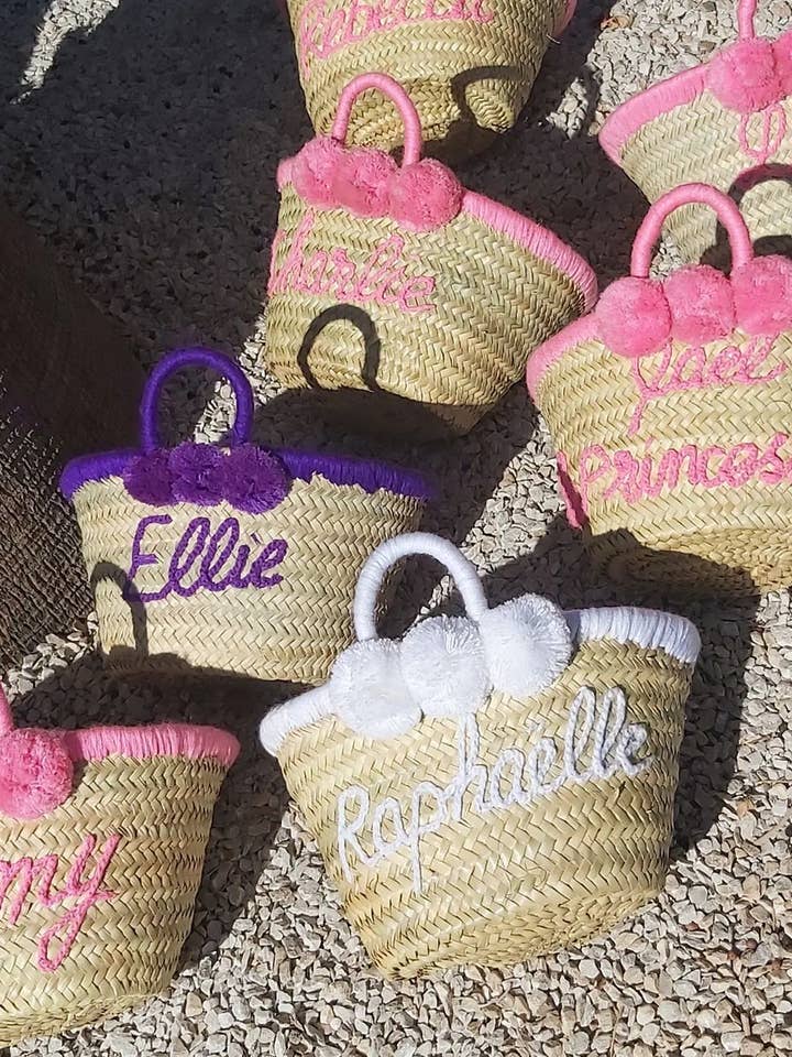 Personalized Straw Basket -Monogrammed Pompoms -Wedding Gift for wholesale by Mikwi