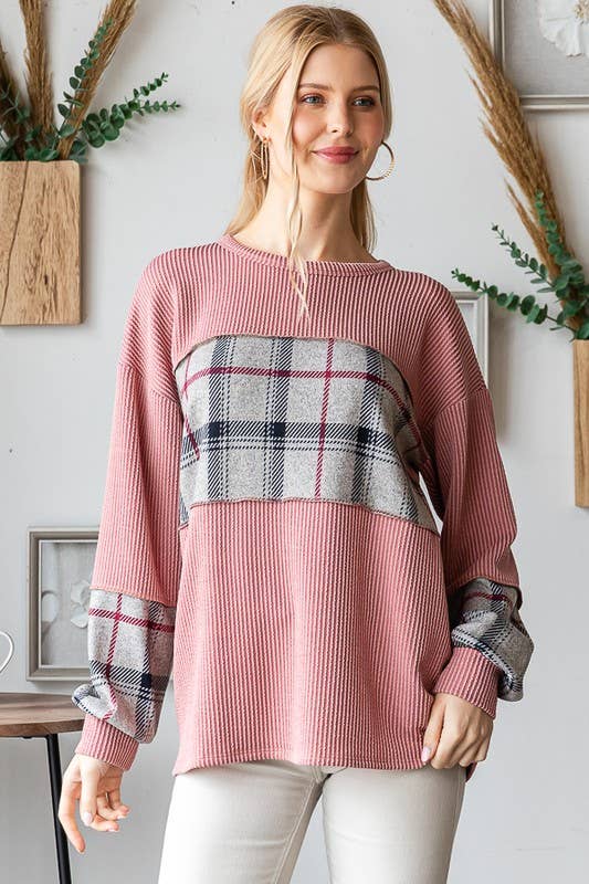 HEIMISH - Vente Haut en maille – femme - HAUT URBAIN CÔTELÉ ET À CARREAUX À MANCHES LONGUES ET7383-135