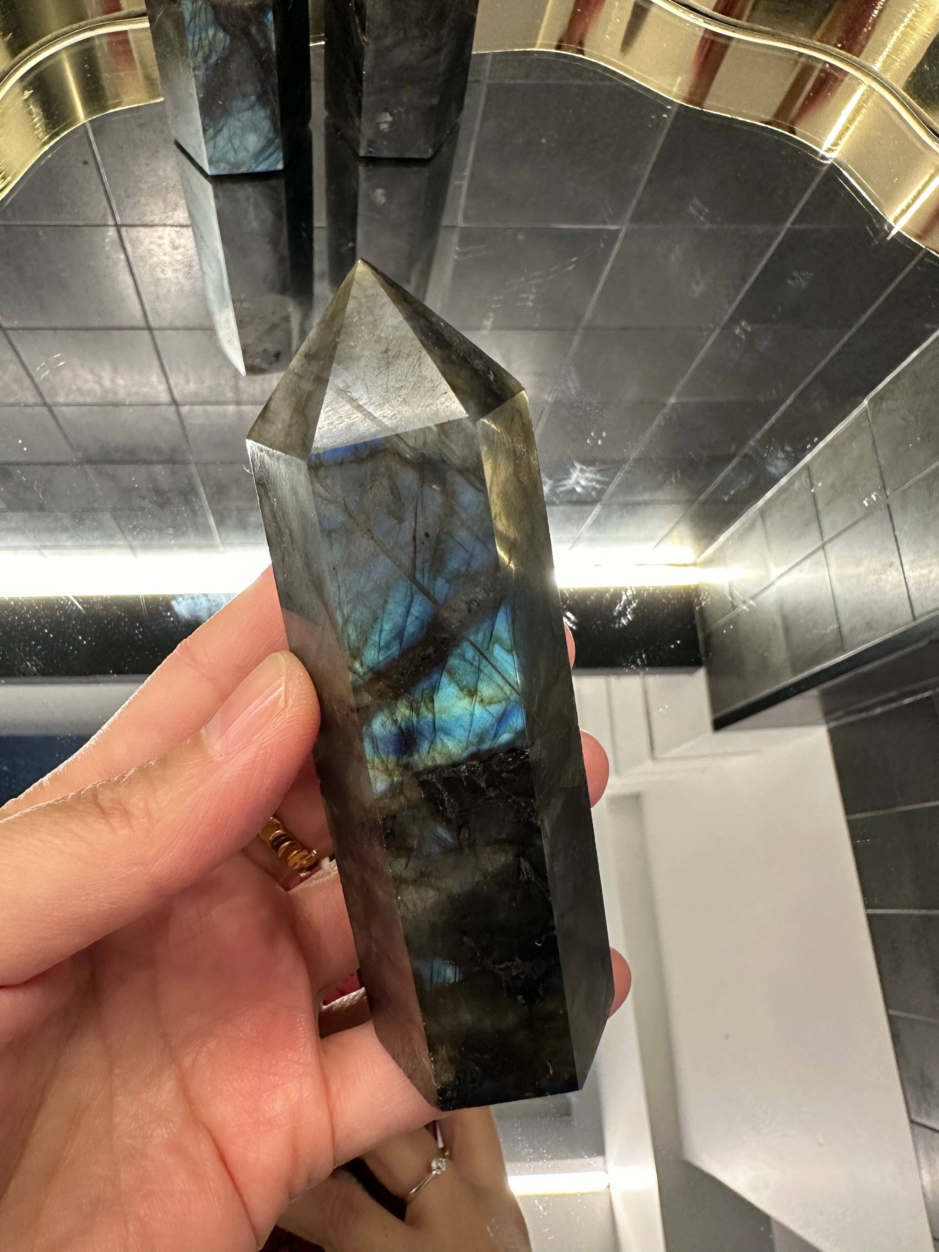 Moon Rituals – wholesale Spiritual stone/crystal – Natural Labradorite Tower Point Generator: Transformation & Intuition Crystal (10cm/4in), Christmas Crystal Gift2