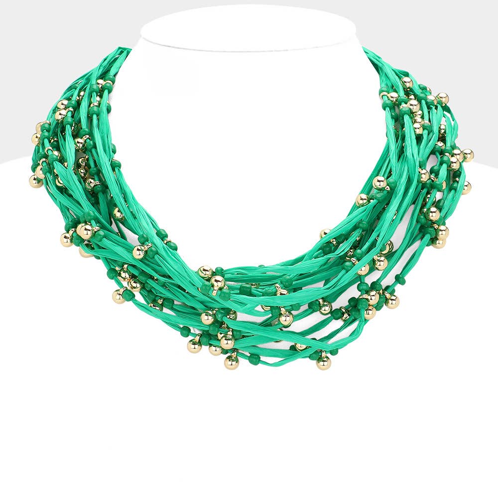 Sensibling Corp. - Wholesale Bib Necklace - Metal Ball Beads Pointed Raffia Thread Multi Layered Necklace0