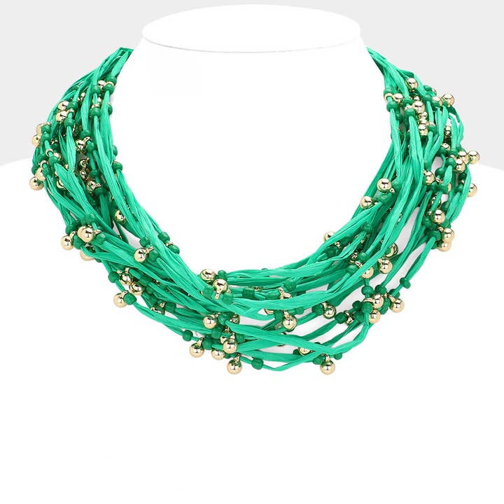 Sensibling Corp. - Wholesale Bib Necklace - Metal Ball Beads Pointed Raffia Thread Multi Layered Necklace