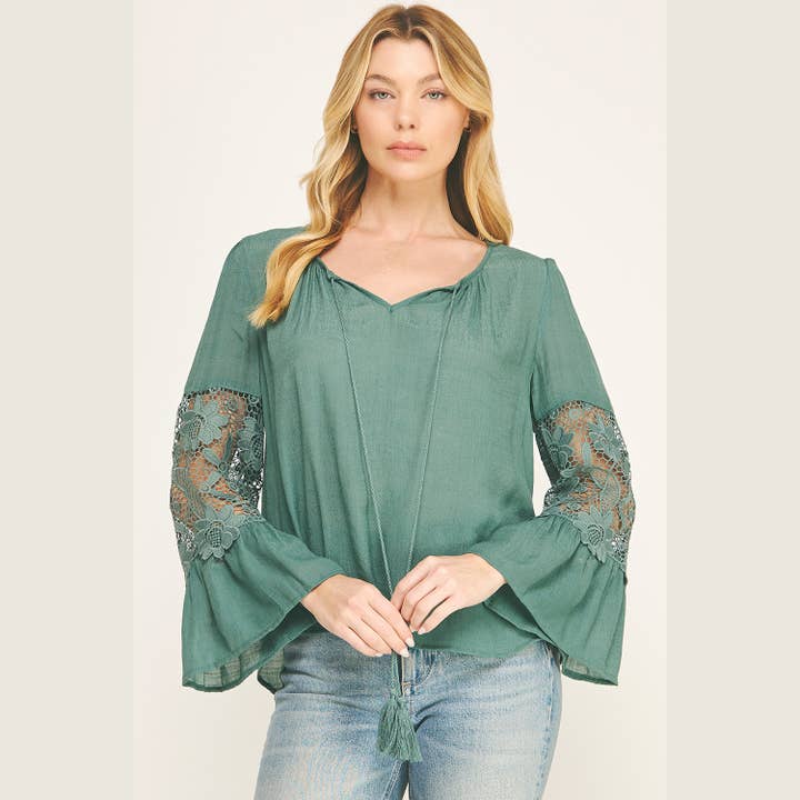 BOHO FEMININE LACE GAUZE BLOUSE WITH BELL SLEEVES for wholesale by Winslow Collection