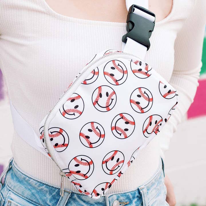 White Baseball Happy Face Fanny Pack for wholesale on Faire